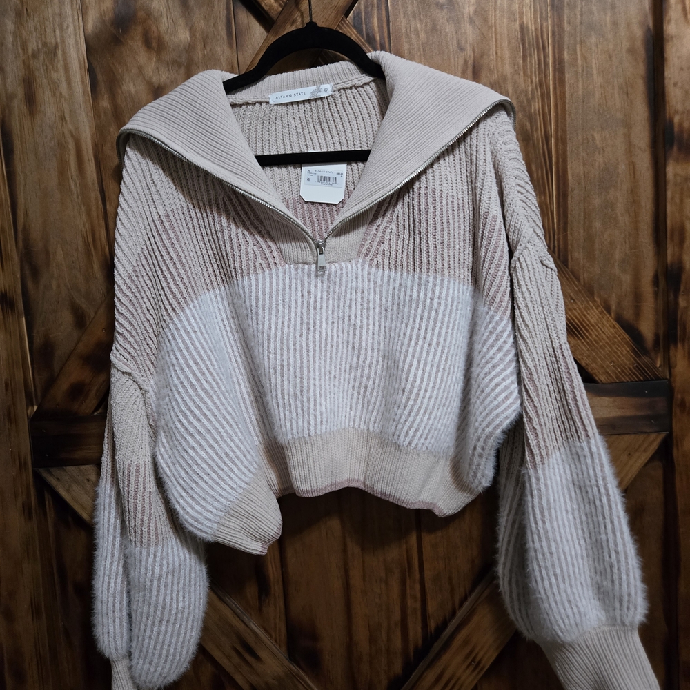 Altar'd State Cream and Tan Cowl Neck Sweater